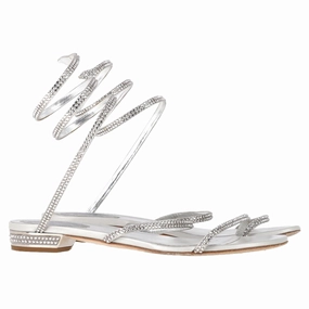 Rene Caovilla Cleo Flat Spiral Sandals in Silver Leather Farm Visit Minimalist Comfort