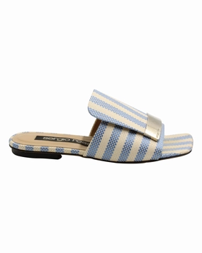 Sergio Rossi Striped Flat Slides in Blue Canvas Charity Glow