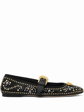 Fish Dock Comfy Design Studded Black Flats With Gold Medusa Detail