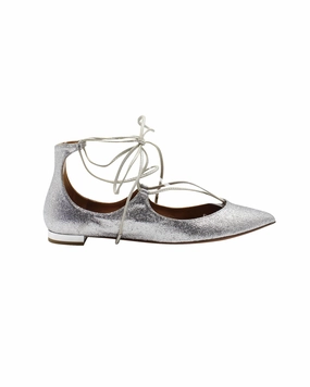 Aquazzura Glittered Christy Lace-up Pointed-Toe Flats in Silver Leather Fund Glow Street Joy