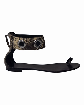 Sun Deck Lace Accent Giuseppe Zanotti Snakeskin Print Ankle Strap Flat Sandals in Black Leather