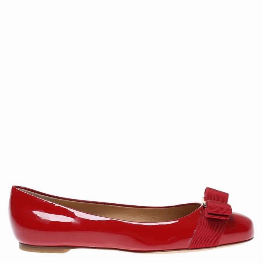 Salvatore Ferragamo Varina Ballet Flats In Red Patent Leather Roomy Toe Box Design