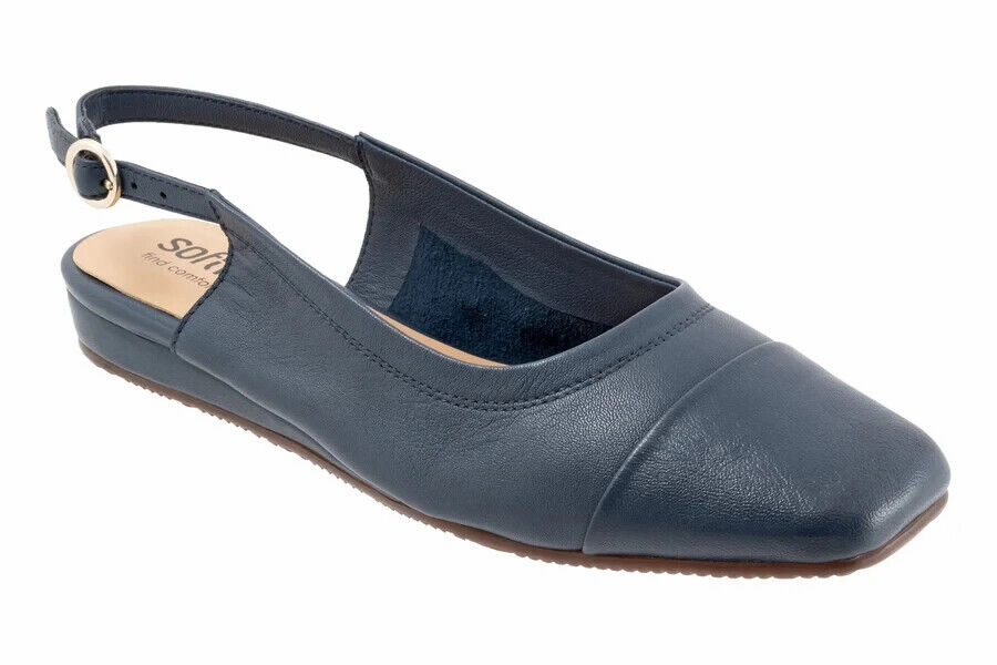 SoftWalk Vittoria Flat Womens 8 Navy Leather Adjustable Buckle Slingback RHS3327 Minimalist Footwear Quick Wear