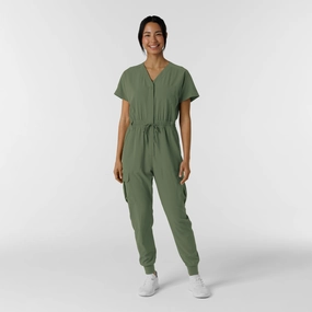 MoistureWicking Hypoallergenic fabric RENEW Women's Cargo Jogger Scrub Jumpsuit - Olive