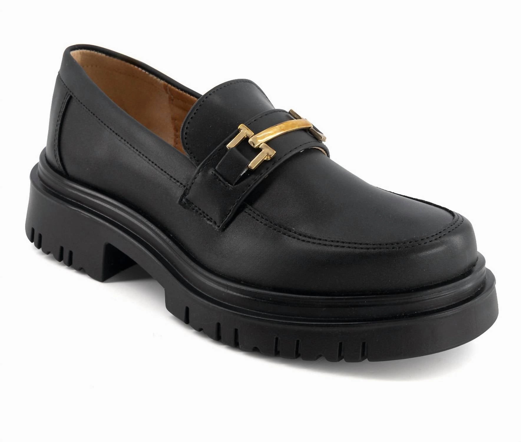 Women's Black Penny Loafers With Golden Ornament Sport Glow