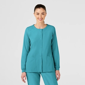 W123 Women's Crew Neck Warm Up Scrub Jacket - Teal Blue Stand
