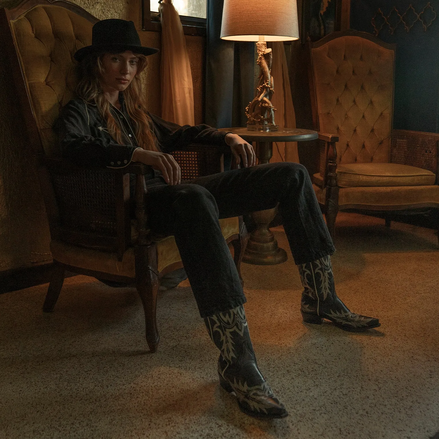 Tina Black & White Flame Embroidered Cowboy Boot Stable Support Rough Terrain Multi directional traction