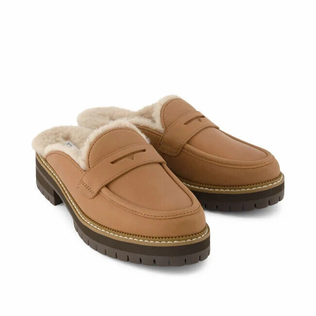 Toms Cara 10021732 Loafer Womens 7.5 Brown Leather Faux Fur Slip On Mule KHD1522 Airy Sole