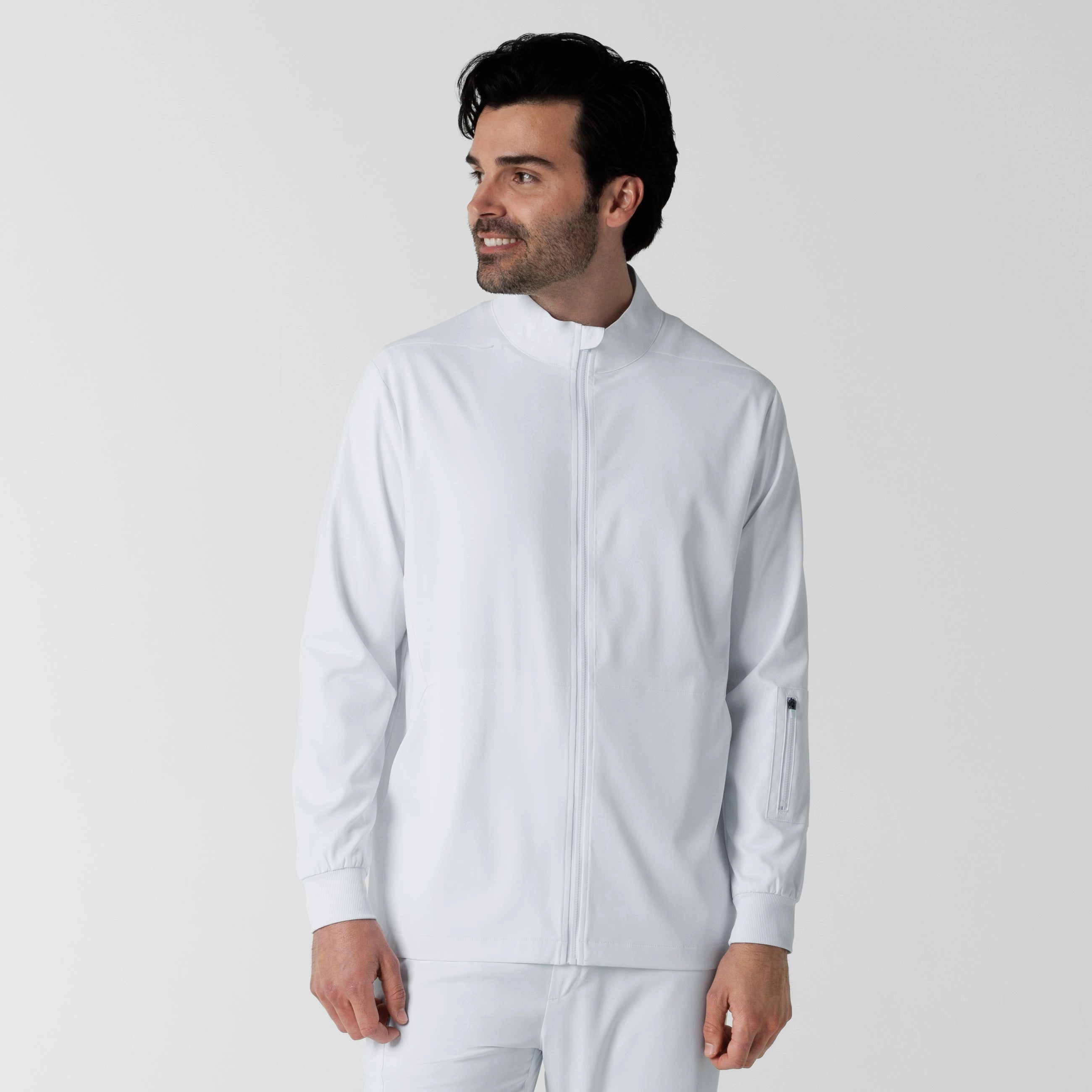 Boundless Men's Warm Up Scrub Jacket - White Flexible Layer construction workers