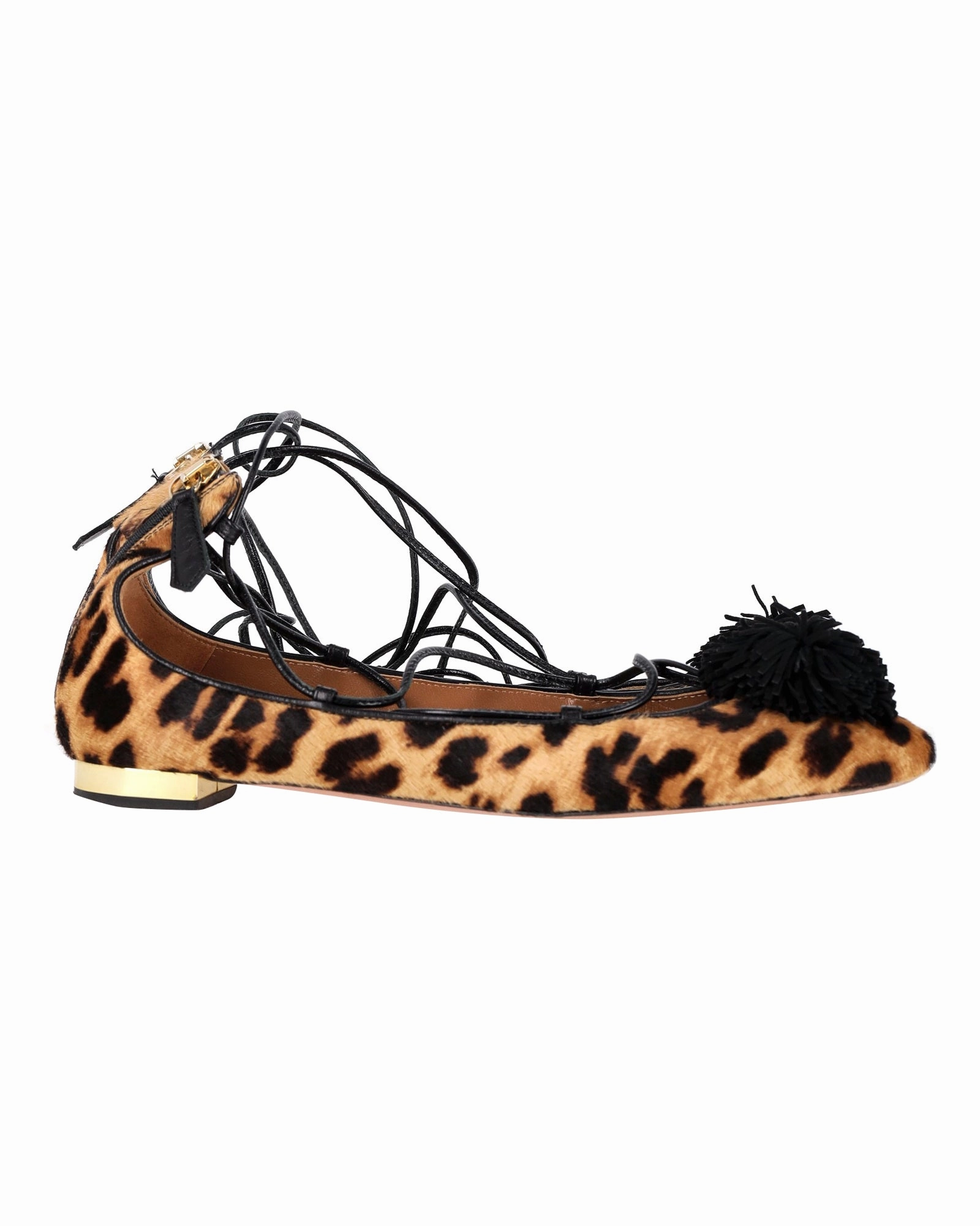 Aquazzura Sunshine Leopard-Print Lace-Up Ballerina Flats in Brown Leather Marina Glow