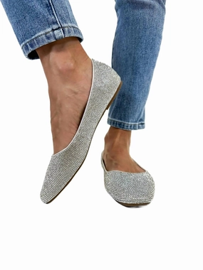 Square Toe Women's Rhinestone Flats In Silver