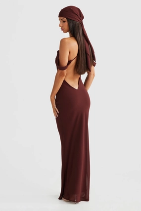 Vienna Bias Cut Gown - Brown Fold-Over-Detail
