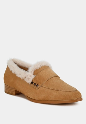 Women's Allie Fur Trim Suede Loafers In Beige Easy Slip Tree Glow