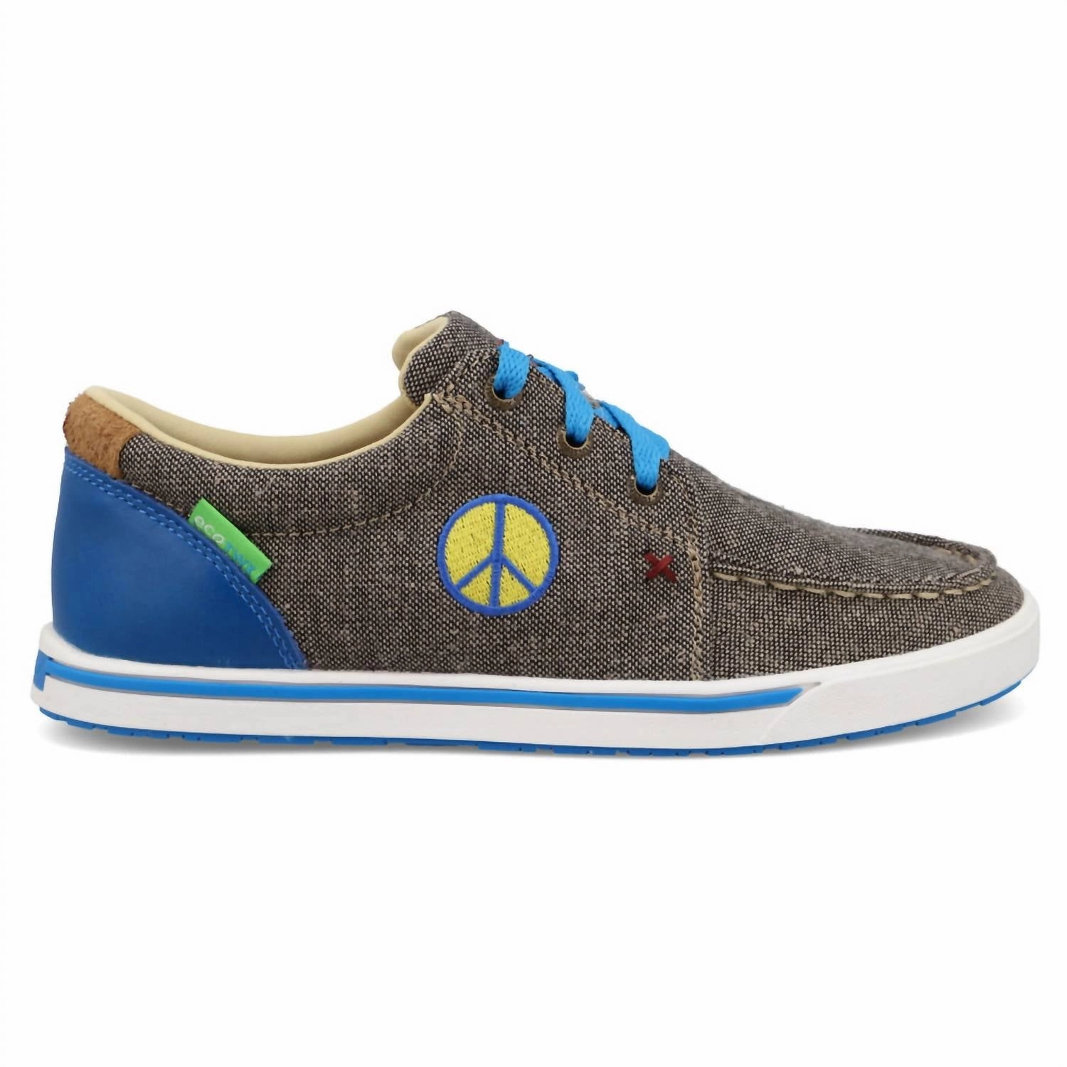 Air Cushioning Trendy Walk Women's Canvas With Peace Sign Shoes In Brown/white Bottom/blue Detail