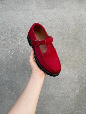 Mesh Layer Frost Cool Women's Providence Hairy Calfskin T-Strap Loafer In Raspberry