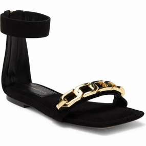 Classic Lady Women's Square Toe Ankle Strap Sandals With Gold Chain Detail In Black