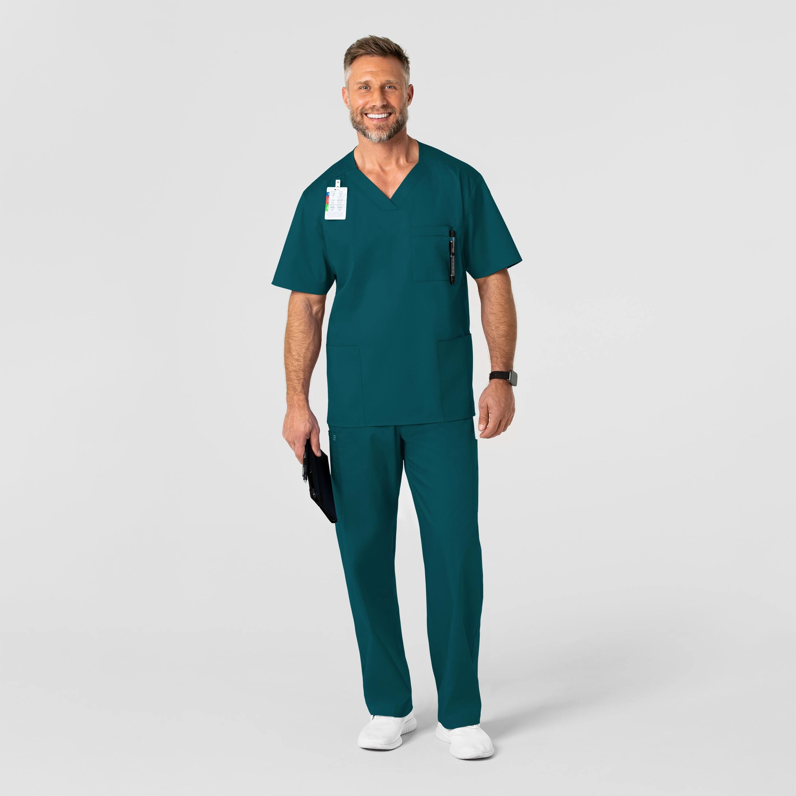 WonderWORK Men's V-Neck Scrub Top - Caribbean Adjustable Cuffs