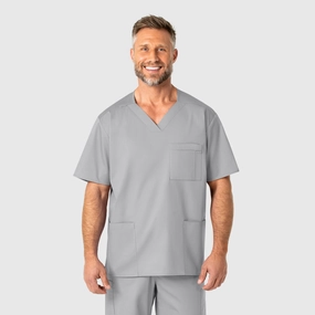 WonderWORK Men's V-Neck Scrub Top - Grey SlubTexture Compact Weave Fabric