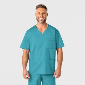 WonderWORK Men's V-Neck Scrub Top - Teal Blue Airy Mesh Lining