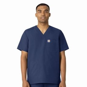 Carhartt Force Essentials Men's V-Neck Shirttail Scrub Top - Navy Quick Access Pockets OdorResistant Fabric